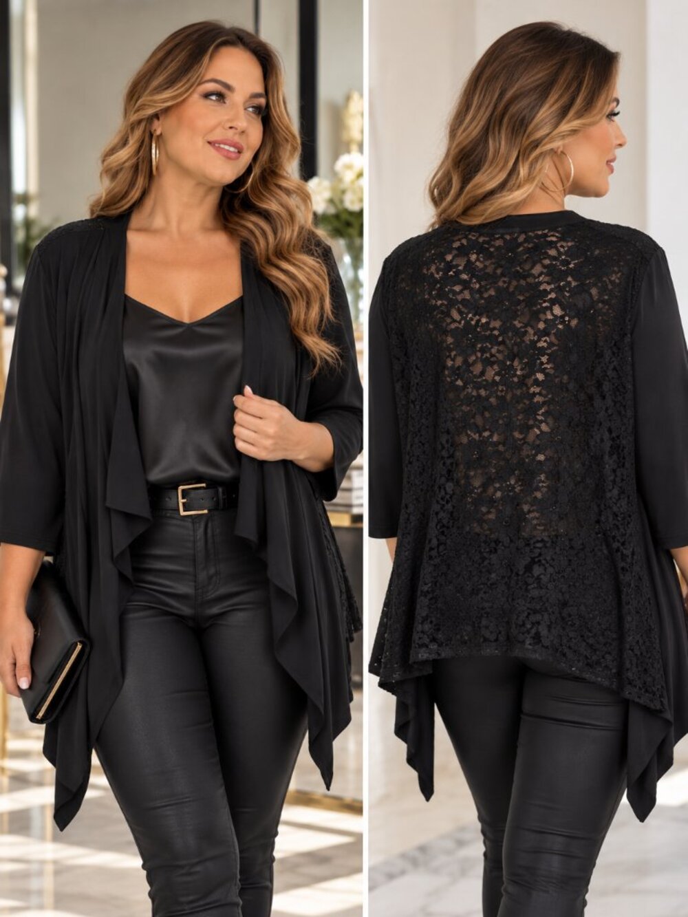 Glamour Women’s Plus Size 3X Black Floral Lace Back Waterfall Cardigan